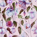 Beautiful fuchsia flowers on climbing twigs on pink background. Seamless floral pattern. Watercolor painting.