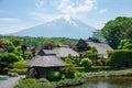 Beautiful Fuji mountain with cloud and blue sky in the summer at Oshino Hakkai the old Japanese village in Japan