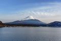 The beautiful Fuji mountain form the five peaceful lake in winter