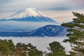 The beautiful Fuji mountain form the five peaceful lake in winter