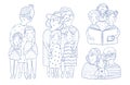 Beautiful full body and waist-up portraits of grandparents with granddaughter and grandson hand drawn with contour lines Royalty Free Stock Photo