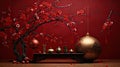 Beautiful, full cherry blossom tree with red and pink flowers in vase decorated big and small Lunar New Year traditional Royalty Free Stock Photo