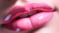 Beautiful full lips with glossy makeup, barbicor style makeup. Pink glitter lipstick. Close-up of sexy natural lips