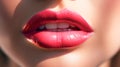 Beautiful full lips with glossy makeup, barbicor style makeup. Pink glitter lipstick. Close-up of sexy natural lips