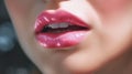 Beautiful full lips with glossy makeup, barbicor style makeup. Pink glitter lipstick. Close-up of sexy natural lips