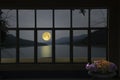 Beautiful full moon over the river in window view Royalty Free Stock Photo