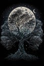 Full Moon Phase Behind Tree Of Life On Black Background - Generative AI Royalty Free Stock Photo