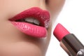 Beautiful full pink lips. Lipstick. Professional make-up