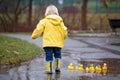 Beautiful funny blonde toddler boy with rubber ducks and colorful umbrella, jumping in puddles and playing in the rain Royalty Free Stock Photo