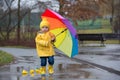 Beautiful funny blonde toddler boy with rubber ducks and colorful umbrella, jumping in puddles and playing in the rain Royalty Free Stock Photo