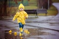 Beautiful funny blonde toddler boy with rubber ducks and colorful umbrella, jumping in puddles and playing in the rain Royalty Free Stock Photo