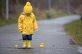 Beautiful funny blonde toddler boy with rubber ducks and colorful umbrella, jumping in puddles and playing in the rain