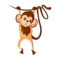 Beautiful funny cartoon monkey, hung on a tree branch. Royalty Free Stock Photo