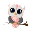 Beautiful funny cartoon owl bird sitting on a tree branch. Royalty Free Stock Photo