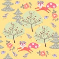 Beautiful funny foxes frolic in the autumn forest among trees and roses isolated on yellow background in the vector