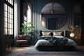 Beautiful furnished master bedroom interior in luxury home. new modern bedroom in a apartment. Loft and modern bedroom. Generative Royalty Free Stock Photo