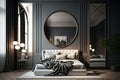 Beautiful furnished master bedroom interior in luxury home. new modern bedroom in a apartment. Loft and modern bedroom. Generative Royalty Free Stock Photo