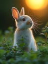 Beautiful Furry Easter Rabbit Bunny on Sunny Meadow. Bokeh Lights, Spring Garden, Traditional Easter Scene. Royalty Free Stock Photo