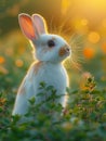 Beautiful Furry Easter Rabbit Bunny on Sunny Meadow. Bokeh Lights, Spring Garden, Traditional Easter Scene. Royalty Free Stock Photo