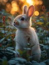 Beautiful Furry Easter Rabbit Bunny on Sunny Meadow. Bokeh Lights, Spring Garden, Traditional Easter Scene. Royalty Free Stock Photo