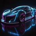 Beautiful futuristic abstract car design with neon lighting on a dark background, illustration for design and advertising