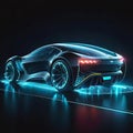 Beautiful futuristic abstract car design with neon lighting on a dark background, illustration for design and advertising