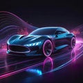 Beautiful futuristic abstract car design with neon lighting on a dark background, illustration for design and advertising
