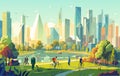 Beautiful futuristic city view with park and lake at sunny day. People cycling and walking in park Royalty Free Stock Photo