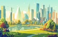 Beautiful futuristic city view with park and lake at sunny day. People cycling and walking in park Royalty Free Stock Photo