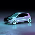 Beautiful Futuristic Electric Compact City Car in Neon Studio Light.