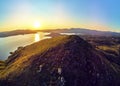 Beautiful futuristic panoramic aerial drone view to summer recreation facilities on the banks of the Bukhtarma reservoir on the Royalty Free Stock Photo