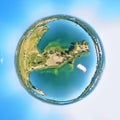 Beautiful futuristic panoramic 360 spherical panorama little planet aerial drone view to city of Ust-Kamenogorsk KZ: Oskemen,