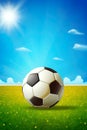 beautiful game with a soccer ball on a grassy field under a clear blue sky.