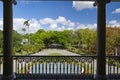 A beautiful garden with alley covered with old platanes trees in Chateau de Labourdonnais, a colonial palace, Mauritius