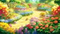 A beautiful garden bursting with a colorful variety of flowers in full bloom, generative ai illustration