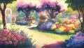 A beautiful garden bursting with a colorful variety of flowers in full bloom, generative ai illustration