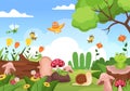 Beautiful Garden Cartoon Background Illustration With Scenery Nature of Plants, Various Animals, Flowers, Tree and Green Grass Royalty Free Stock Photo