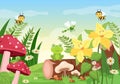 Beautiful Garden Cartoon Background Illustration With Scenery Nature of Plants, Various Animals, Flowers, Tree and Green Grass Royalty Free Stock Photo