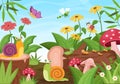 Beautiful Garden Cartoon Background Illustration With Scenery Nature of Plants, Various Animals, Flowers, Tree and Green Grass Royalty Free Stock Photo