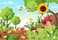 Beautiful Garden Cartoon Background Illustration With Scenery Nature of Plants, Various Animals, Flowers, Tree and Green Grass Royalty Free Stock Photo