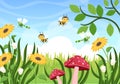 Beautiful Garden Cartoon Background Illustration With Scenery Nature of Plants, Various Animals, Flowers, Tree and Green Grass Royalty Free Stock Photo