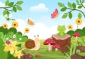 Beautiful Garden Cartoon Background Illustration With Scenery Nature of Plants, Various Animals, Flowers, Tree and Green Grass Royalty Free Stock Photo