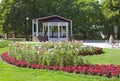 Beautiful garden with green grass, flowers and trees Royalty Free Stock Photo