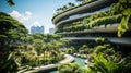 Beautiful garden of modern glass building in Asia, corporate buildings