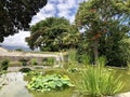 Beautiful garden park with small pond, plants and trees, cozy nature space for relaxation Royalty Free Stock Photo