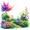 a beautiful garden with a pathway, flowers and trees