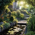 Beautiful garden with pond, plants, and flowers at sunset light
