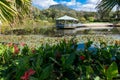 Beautiful garden with pond and summer pavilion