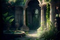 Beautiful garden with stone columns and fountain. Vintage style toned