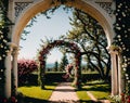 A beautiful garden with a white archway leading to a path lined with pink flowers. Royalty Free Stock Photo